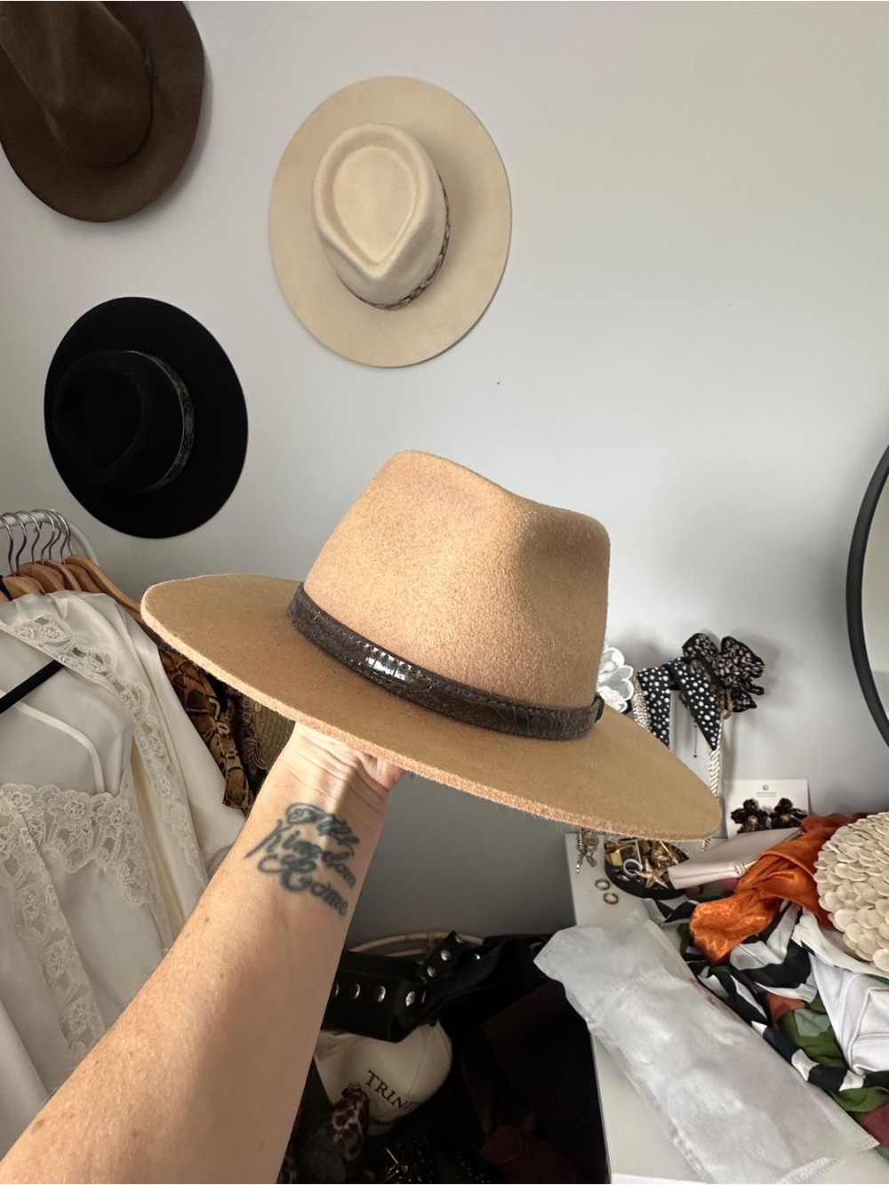 Wide Brim Tan Wool Fedora Hat with Dark Brown Band